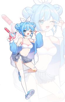 1girl absurdres arahashi_tabi asymmetrical_legwear bandaid bandaid_on_leg bikini blue_eyes blue_hair blue_jacket blue_sandals breasts charachan900 double_bun full_body grey_skirt hair_bun hands_up highres holding holding_water_gun jacket long_sleeves looking_at_viewer medium_breasts navel one_eye_closed open_clothes open_jacket open_mouth sandals simple_background skirt smile socks solo standing standing_on_one_leg stellive stomach swimsuit thighhighs thighs uneven_legwear v virtual_youtuber water_gun white_background white_bikini white_socks white_thighhighs
