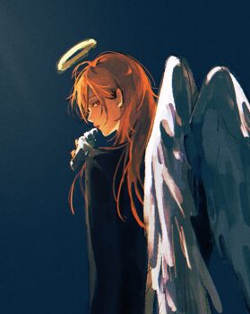 1boy androgynous angel angel_devil_(chainsaw_man) angel_wings black_suit blue_background brown_hair chainsaw_man commentary_request feathered_wings formal_clothes from_behind glowing glowing_halo gradient_background halo highres holding holding_ice_cream_cone ice_cream_cone inuo_(inuo_x) licking long_hair looking_at_viewer looking_back male_focus profile red_eyes solo suit traditional_halo white_wings wings