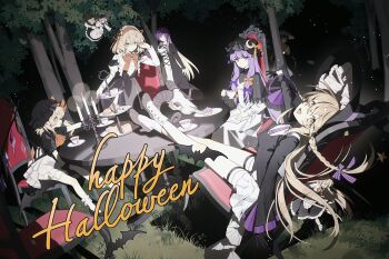 6+girls :d :q ajirogasa alice_margatroid ascot bat_(animal) bat_hat_ornament black_bow black_capelet black_dress black_gloves black_hair black_hat black_shirt blonde_hair bobby_socks book book_on_lap boots bow bowtie braid cake candelabra candle candlestand capelet chair crescent crescent_hat_ornament crossed_ankles cup dress feet_on_table flandre_scarlet food forest frilled_hairband frills gloves goat_skull gradient_hair grey_dress hair_bow hair_ornament hair_ribbon hairband halloween happy_halloween hat hat_bow hat_ornament highres hijiri_byakuren holding holding_cup kirisame_marisa layered_dress long_dress long_hair long_sleeves looking_at_viewer macaron mob_cap multicolored_hair multiple_girls nature open_mouth orange_ascot orange_bow orange_bowtie orange_hairband orange_ribbon outdoors outstretched_arm patchouli_knowledge pointy_ears purple_bow purple_eyes purple_hair rcs_4 ribbon round_table shanghai_doll shirt short_hair single_braid sitting smile socks star_(symbol) star_hair_ornament steepled_fingers striped_bow table teacup tiered_tray tongue tongue_out touhou tray tree twin_braids two_side_up very_long_hair white_boots white_dress white_socks wings witch_hat wrist_cuffs yatadera_narumi yellow_eyes