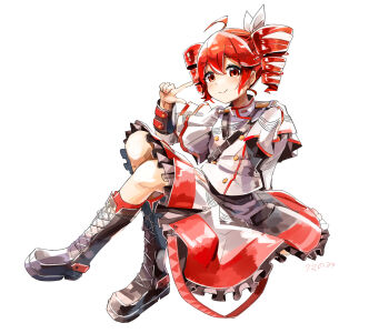 Rule 34 | absurdres, ahoge, belt, black boots, black skirt, blush, boots, bow, buttons, double-breasted, grey jacket, grey skirt, hair between eyes, hair bow, hair ribbon, hand up, highres, jacket, kasane teto, kasane teto (sv), kneehighs, lace-up boots, layered skirt, layered sleeves, long sleeves, mp777b, musical staff, musical staff print, red belt, red eyes, red hair, red skirt, red socks, red trim, ribbon, shoulder belt, shoulder boards, simple background, sitting, skirt, socks, striped clothes, striped jacket, striped skirt, synthesizer v, utau, v, white background, white bow, white ribbon