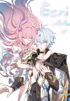 1boy 1girl ahoge bare_shoulders blue_eyes breasts chinese_commentary closed_eyes coat commentary_request cyrene_(honkai:_star_rail) cyrene_(ripples_of_past_reverie)_(honkai:_star_rail) dress flower hair_flower hair_ornament highres honkai:_star_rail honkai_(series) hug long_hair medium_breasts one_eye_closed phainon_(honkai:_star_rail) pink_hair short_hair very_long_hair white_coat white_dress white_hair xinian_(xinian84246)