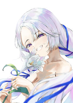 Rule 34 | 1girl, absurdres, ayatsuno yuni, breasts, commentary request, convenient censoring, flower, flower to mouth, forehead, from side, grey hair, grin, hands up, highres, holding, holding flower, korean commentary, lily (flower), long hair, looking at viewer, looking to the side, multicolored hair, nonekong, purple eyes, simple background, smile, solo, stellive, streaked hair, turning head, upper body, virtual youtuber, white background, white flower, white lily