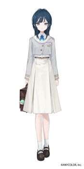 1girl :| bag bag_charm blue_hair brown_bag brown_shoes charm_(object) closed_mouth collared_shirt company_name copyright_notice cropped_jacket expressionless full_body green_eyes grey_jacket highres holding holding_bag jacket long_skirt looking_at_viewer makihitsuji nijisanji official_art shirasa_ayane shirt shoes simple_background skirt socks solo standing straight-on tachi-e third-party_source virtual_youtuber white_background white_shirt white_skirt white_socks