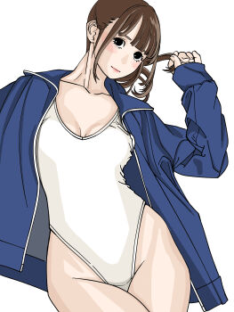 1girl absurdres black_eyes blue_jacket breasts brown_hair cleavage collarbone commentary competition_swimsuit groin highleg highleg_one-piece_swimsuit highres jacket looking_at_viewer one-piece_swimsuit open_clothes open_jacket original sakamoto_giulietta simple_background solo swimsuit thighs white_background white_one-piece_swimsuit
