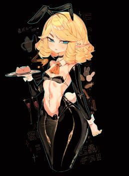 1girl animal_ears black_background black_bra black_choker black_hiphighs blonde_hair blue_eyes bra breasts choker commentary_request cropped_legs detached_collar detached_sleeves dr._stone drill_hair fake_animal_ears francois_(dr._stone) heart_maebari highres hiphighs holding holding_tray looking_at_viewer maebari navel parted_bangs parted_lips playboy_bunny pointy_ears rabbit_ears reverse_bunnysuit reverse_outfit short_hair small_breasts solo stomach sweat tray underwear usa37107692 white_wrist_cuffs wrist_cuffs