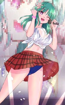1girl aqua_hair bashou_(senran_kagura) blue_bra blue_panties bra breasts calligraphy_brush flower green_hair hair_flower hair_ornament highres holding holding_microphone large_breasts microphone music navel navy_blue_bra navy_blue_panties one_eye_closed open_mouth paintbrush panties pink_flower pink_scrunchie pixelated pixelated_background plaid_clothes plaid_skirt purple_eyes red_skirt scrunchie see-through_clothes see-through_shirt senran_kagura senran_kagura_new_link senran_kagura_new_wave shirt singing skirt smile stage stage_lights sweat tanutaka tied_shirt underwear white_shirt wink wrist_scrunchie