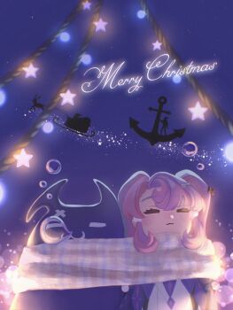 1boy 1girl 8k_u absurdres brant_(wuthering_waves) chromatic_aberration closed_eyes closed_mouth commentary commentary_request english_commentary highres key_hair_ornament long_hair merry_christmas mixed-language_commentary nose_bubble pero_(wuthering_waves) pink_hair roccia_(wuthering_waves) scarf shared_clothes shared_scarf wuthering_waves