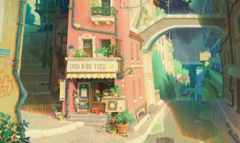 Rule 34 | 1girl, against wall, air conditioner, alley, apron, balcony, banister, black hair, black shirt, braid, building, city, cityscape, cloud, cloudy sky, commentary, crossed arms, crt, dark-skinned female, dark skin, door, drainpipe, english commentary, english text, flower, foot against wall, graffiti, green pants, headscarf, highres, house, manhole cover, ocean, orange flower, original, outdoors, pants, plant, potted plant, power lines, puddle, rabbit ears antenna, railing, rain, road, sandals, scenery, shirt, shop, sign, sky, skybridge, socks, solo, stairs, standing, standing on one leg, storm drain, street, tree, utility pole, vykim, white apron, white headscarf, white socks