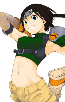 1girl arched_back arm_up armor armpits ash_yokoshima black_hair blue_eyes breasts brown_gloves brown_shoes brown_shorts buckle chest_harness cover covered_erect_nipples crop_top cropped_sweater detached_sleeves elbow_gloves final_fantasy final_fantasy_vii fingerless_gloves fishnet_gloves fishnets foot_up forehead_protector gloves green_eyes green_headband green_sweater grin groin harness headband highres looking_at_viewer loose_hair_strand medium_breasts midriff navel non-web_source open_clothes open_fly open_shorts parted_lips pauldrons ribbed_sweater shoe_soles shoes short_hair shorts shoulder_armor single_pauldron sleeveless sleeveless_turtleneck smile sneakers solo sweater textless_version turtleneck turtleneck_sweater yuffie_kisaragi