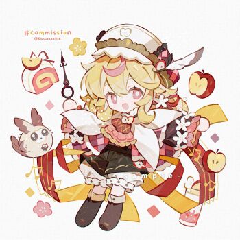 1girl :d :o apple black_shirt black_shorts blonde_hair boots bright_pupils brown_boots chibi chibi_only commission double-parted_bangs food fruit full_body hair_between_eyes hat highres kanae_(cookie) long_hair long_sleeves looking_at_viewer mole mole_under_mouth open_mouth original pink_eyes shirt shorts simple_background smile solo standing twitter_username white_background white_hat white_pupils