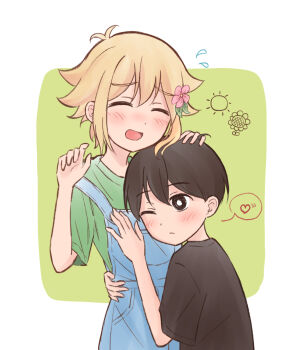 Rule 34 | 2boys, alternate costume, antenna hair, basil (faraway) (omori), basil (omori), black eyes, black hair, black shirt, blonde hair, blue overalls, blush, bright pupils, closed eyes, closed mouth, commentary, dated commentary, double-parted bangs, flower, green shirt, hair between eyes, hair flower, hair ornament, hand on another's head, heart, highres, male focus, multiple boys, omori, one eye closed, open mouth, overall shorts, overalls, segue5o, shirt, short hair, short sleeves, sidelocks, smile, speech bubble, spoken heart, sunny (omori), t-shirt, untranslatable commentary, white pupils