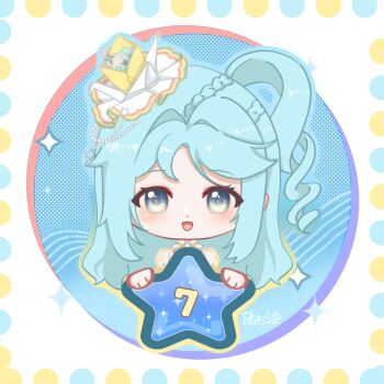 1girl beads blue_background blue_eyes blue_outline border bow bowtie braid chibi chinese_commentary circle commentary_request cropped_torso dot_nose dress drill_hair eyelashes frilled_headwear gradient_outline hair_beads hair_ornament halftone halftone_background happy hat hat_ornament highres holding holding_star infinity_nikki light_blush looking_at_viewer mini_hat mumu079860 nikki_(series) one_side_up open_mouth origami outline paper_crane puffy_short_sleeves puffy_sleeves round_border short_sleeves signature smile solo sparkle star_(symbol) star_hat_ornament straight-on swept_bangs white_border white_bow white_bowtie white_dress wings_of_wishes_(infinity_nikki) yellow_hat yellow_outline