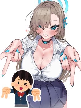 1girl absurdres asuna_(blue_archive) auraaa blue_archive blue_eyes bow breasts double_gyaru_v grin gyaru_v hair_over_one_eye halo highres irasutoya irasutoya_challenge large_breasts long_hair mifune_takashi_(style) mole mole_on_breast reference_inset shirt smile v white_shirt