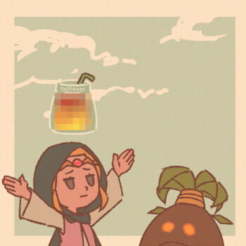 1girl 1other arms_up bellhenge blonde_hair blue_eyes blue_sky border bottle brown_border business_scrub censored circlet deku_scrub drinking_straw hood lipstick makeup mosaic_censoring nintendo potion princess_zelda sky the_legend_of_zelda the_legend_of_zelda:_echoes_of_wisdom upper_body wide_sleeves