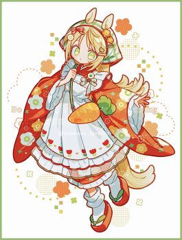 1girl animal_ears apron blonde_hair border commentary dot_nose ears_through_headwear frilled_apron frilled_kimono frilled_sleeves frills full_body green_border green_eyes green_headscarf hand_up headscarf highres horse_ears horse_girl horse_tail japanese_clothes kimono long_hair long_sleeves looking_at_viewer okobo original osakana_forever parted_bangs parted_lips platform_sandals red_kimono red_sandals sandals simple_background socks solo standing tabi tail twitter_username watermark white_apron white_background white_socks wide_sleeves