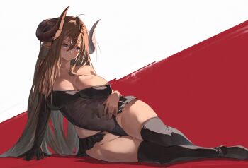 1girl absurdres black_gloves black_leotard black_skirt black_thighhighs breasts closed_mouth commentary covered_navel draph elbow_gloves english_commentary gloves grey_eyes hair_between_eyes highres horns huge_breasts leotard long_hair looking_at_viewer miniskirt original red_background single_glove sitting skirt smile solo thighhighs two-tone_background white_background yu_pian