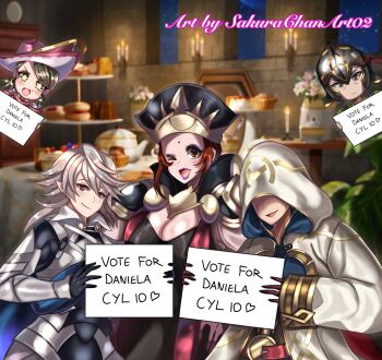 Rule 34 | 2girls, 3boys, ;d, breasts, candace (fire emblem), commentary, daniela (fire emblem), english commentary, fire emblem, fire emblem fates, fire emblem heroes, haitaka (fire emblem), hat, highres, holding, holding sign, hooded robe, indoors, kiran (fire emblem), large breasts, lipstick, looking at viewer, makeup, male corrin (fire emblem), male kiran (fire emblem), multiple boys, multiple girls, nintendo, one eye closed, open mouth, purple lips, red eyes, red hair, robe, sakurachanart02, sign, smile