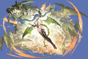 Rule 34 | absurdres, arm up, artist request, azur lane, blue hair, blush, boots, breasts, closed eyes, covered navel, dragon girl, dragon horns, dragon tail, dragon wings, elbow gloves, from below, frown, full body, gloves, grin, groin, hair between eyes, hand up, highres, horns, large breasts, legs, leotard, long hair, looking at viewer, looking down, multicolored gloves, navel, non-web source, official art, open mouth, pout, regensburg (azur lane), regensburg (meta) (azur lane), rigging, sideboob, sideless leotard, skin tight, slit pupils, smile, tail, thigh boots, thighs, twintails, two-tone gloves, very long hair, wings, yellow eyes