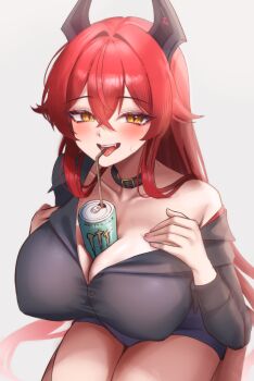 1girl absurdres belt_collar between_breasts black_collar black_horns black_shirt blue_shorts blush breasts can_between_breasts cleavage collar collarbone collared_shirt commentary covered_erect_nipples cowboy_shot crossed_bangs drinking_straw energy_drink fang fingernails goddess_of_victory:_nikke grey_background hair_between_eyes hair_intakes hands_up highres horns large_breasts long_hair long_sleeves looking_at_viewer maviss_03 mechanical_horns monster_energy open_mouth paid_reward_available red_hair red_hood_(nikke) shirt short_shorts shorts sidelocks simple_background single_bare_shoulder single_off_shoulder sitting smile solo sweatdrop teeth tongue tongue_out upper_teeth_only very_long_hair yellow_eyes