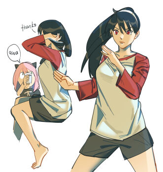 2girls adoptive_parent_and_adoptive_child anya_(spy_x_family) black_hair black_shorts breasts commentary cup english_commentary english_text frown hair_down hairband hairpods highres holding holding_cup invisible_chair large_breasts marie_(ccmarieu) mother_and_daughter multiple_girls ponytail red_eyes short_shorts shorts sitting spy_x_family v-shaped_eyebrows white_hairband yor_briar