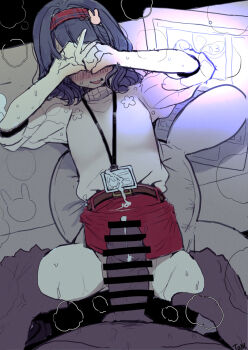 1boy 1girl after_ejaculation bar_censor bare_legs belt blue_hair blush censored clothed_female_nude_male clothes_lift commentary_request computer covering_face cum cum_on_clothes dark-skinned_male dark_skin fukumaru_koito hetero highres huge_penis idolmaster idolmaster_shiny_colors lanyard laptop leg_grab nose_blush nude office_lady partial_commentary penis pov pov_crotch pov_hands red_skirt shirt shirt_tucked_in skirt skirt_lift spread_legs sweat t_method tongue tongue_out v veins veiny_hands white_shirt