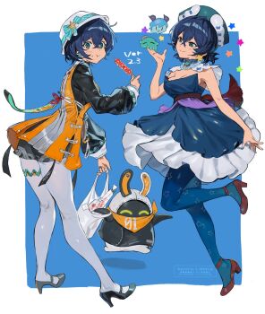 1girl 1other accessories alternate_costume bag bandana bandana_around_neck bangboo_(zenless_zone_zero) bare_shoulders beads beizi_(clothing) belle_(delicate_sunlight)_(zenless_zone_zero) belle_(zenless_zone_zero) black_shoes blue_background blue_dress blue_hair blue_pantyhose blush border bracelet breasts brown_shoes chinese_clothes closed_mouth collar dress dress_over_shirt earrings eating eous_(zenless_zone_zero) food from_side green_eyes green_hat hair_between_eyes hashibiro_kou_(garapiko_p) hat highres holding holding_bag holding_food jewelry looking_at_object looking_at_viewer multiple_views necklace official_alternate_costume orange_bandana orange_dress pantyhose plastic_bag shoes short_hair smile standing standing_on_one_leg star_(symbol) star_earrings sweatdrop thigh_strap white_border white_hat white_pantyhose zenless_zone_zero