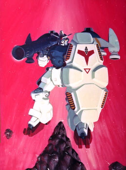 aiming asteroid bazooka_(gundam) commentary_request gundam gundam_0083 gundam_gp-02_physalis highres machinery mecha mecha_focus mobile_suit no_humans nuclear_weapon robot scene_reference science_fiction shield solomon_(asteroid) space star_(sky) taganer thrusters v-fin weapon zero_gravity