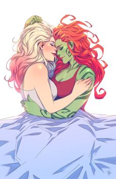 Rule 34 | 2girls, batman (series), bed sheet, blonde hair, breasts, closed eyes, colored skin, cuddling, dc comics, denimcatfish, eyeshadow, grey skin, harley quinn, lipstick, makeup, multicolored hair, multiple girls, poison ivy, red hair, sleeping, streaked hair, yuri