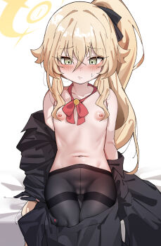 1girl absurdres black_skirt blonde_hair blue_archive blush breasts cameltoe green_eyes halo highres loli long_hair mnm navel nipples over-kneehighs pantyhose ponytail professor_niyaniya_(blue_archive) simple_background sitting skirt small_breasts solo sweat thighhighs white_background yellow_halo