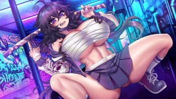 Rule 34 | absurdres, ahoge, alternate costume, ass, bandaged hand, bandages, brick wall, crawling dreams, delinquent, gluteal fold, graffiti, highres, jacket, mask, merryweather, middle finger, mouth mask, nyarla (osiimi), open mouth, osiimi, purple eyes, purple hair, purple nails, sarashi, sharp teeth, shoes, skirt, sneakers, socks, squatting, teeth, thick thighs, thighs