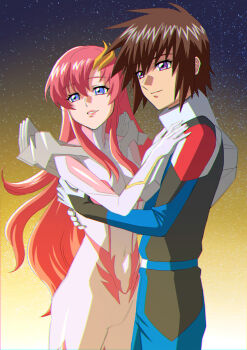 1boy 1girl amasaki_yusuke blue_bodysuit blue_eyes bodysuit breasts brown_hair couple gundam gundam_seed gundam_seed_freedom hair_between_eyes hair_ornament hairclip hands_on_another&#039;s_chest hetero highres hug kira_yamato lacus_clyne long_hair medium_breasts parted_bangs parted_lips pink_hair purple_eyes short_hair sidelocks sky star_(sky) starry_sky swimsuit upper_body white_bodysuit