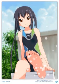 1girl 2011 absurdres barefoot black_hair brown_eyes competition_swimsuit dated day errant feet female_focus foot_focus highres k-on! long_hair nakano_azusa one-piece_swimsuit scan sitting soles solo swimsuit toes twintails