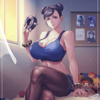Rule 34 | 1girl, bracelet, breasts, brown eyes, brown hair, capcom, chun-li, covered erect nipples, crossed legs, dhalsim, dolphin shorts, double bun, guile, hair bun, hair pulled back, highres, jewelry, ken masters, large breasts, looking at viewer, midriff, pantyhose, ryu (street fighter), short hair, shorts, sitting, smile, spiked bracelet, spikes, sports bra, street fighter, street fighter 6, stuffed toy, tomo eokaiteru, toned, zangief