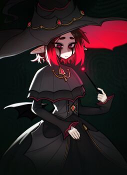 1girl absurdres bags_under_eyes bat_wings black_capelet black_dress black_hat black_nails brown_hair capelet commentary dress eleanor_(justadrian) english_commentary facial_mark frown hat highres holding holding_wand justadrian_(yoadriandk) long_pointy_ears long_sleeves low_wings mole mole_under_eye multicolored_hair nail_polish original pointy_ears red_eyes red_hair shaded_face short_hair simple_background solo thick_eyebrows two-tone_hair wand wings witch_hat