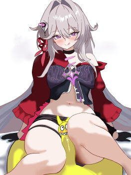 1girl aquamarine725 black_choker black_gloves bow bowtie breasts choker commentary_request gloves grey_hair hair_intakes highres homu_(honkai_impact) honkai_(series) honkai_impact_3rd licking_lips long_hair midriff navel purple_bow purple_bowtie purple_eyes red_shirt shirt single_bare_shoulder solo thelema_nutriscu thelema_nutriscu_(mad_pleasure:_shadowbringer) thigh_strap thighs tongue tongue_out very_long_hair