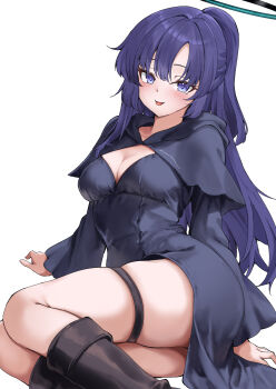 1girl :p absurdres alternate_costume artist_name awnw black_boots black_capelet black_dress blue_archive blush boots breasts capelet cleavage closed_mouth dress feet_out_of_frame halo highres knee_boots long_hair long_sleeves looking_at_viewer lucky_star medium_breasts one_side_up purple_hair reclining simple_background skindentation smile solo thigh_strap tongue tongue_out very_long_hair white_background yuuka_(blue_archive)
