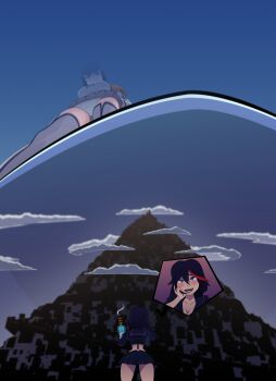 Rule 34 | 2girls, blue eyes, blush, breasts, cleavage, energy gun, female focus, from below, giant, giantess, highres, kill la kill, kiryuuin satsuki, large breasts, long hair, looking at viewer, matoi ryuuko, miniskirt, multiple girls, ravenravenraven, ray gun, short hair, skirt, thighhighs, weapon