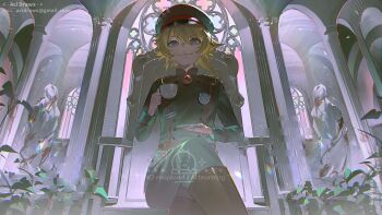 1girl aci_drawx artist_logo artist_name belt black_boots blonde_hair blue_eyes boots brown_belt buttons closed_mouth crossed_legs cup gem glitch green_hat green_jacket green_pants hair_between_eyes hands_up hat high_ponytail holding holding_cup holding_plate indoors jacket jewelry leaf lips logo long_hair long_sleeves looking_at_viewer mandarin_collar medal military military_hat military_jacket military_uniform pants peaked_cap pendant plate ponytail red_gemstone sidelocks sitting sitting_on_throne smile solo statue tanya_degurechaff watermark window youjo_senki