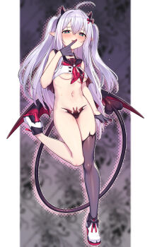 1girl :q aqua_eyes areola_slip black_gloves black_sailor_collar black_thighhighs blush breasts cameltoe closed_mouth cropped_shirt demon_girl demon_horns demon_tail demon_wings full_body gloves grey_hair hair_between_eyes hand_up heart heart-shaped_pupils high_heels highres horns idolmaster idolmaster_million_live! long_hair looking_at_viewer maebari medium_breasts mochizuki_anna navel neckerchief official_alternate_hairstyle sailor_collar shennai_misha shirt single_thighhigh sleeveless sleeveless_shirt solo standing standing_on_one_leg symbol-shaped_pupils tail thighhighs tongue tongue_out two_side_up underboob wings