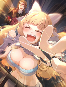 Rule 34 | 1boy, 1girl, :d, absurdres, armor, bikini armor, black armor, blonde hair, blush, bow, breasts, cape, charlotte (fire emblem), circlet, clear glass (mildmild1311), cleavage, closed eyes, commentary request, fire emblem, fire emblem fates, gloves, hair bow, highres, holding, jewelry, large breasts, long hair, midriff, navel, nintendo, open mouth, pauldrons, ring, ring box, short hair, shoulder armor, smile, teeth, tongue, upper teeth only, wavy hair, wedding ring, white bow, xander (fire emblem)