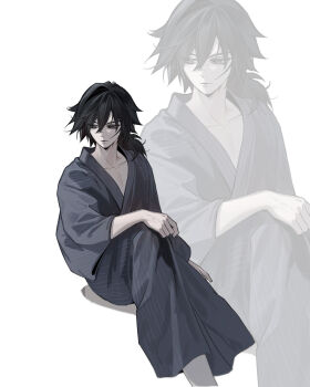 1boy black_eyes black_hair closed_mouth commentary_request grey_kimono hair_between_eyes hand_on_own_knee highres japanese_clothes kimetsu_no_yaiba kimono korean_commentary long_hair low_ponytail male_focus pale_skin pectorals ponytail ppo_er simple_background sitting solo tomioka_giyuu white_background