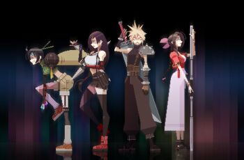 1boy 3girls adjusting_clothes adjusting_gloves aerith_gainsborough armor baggy_pants bangle bare_shoulders belt black_boots black_bra black_gloves black_hair black_pants black_shirt black_skirt black_thighhighs blonde_hair boots bra bracelet braid braided_ponytail breasts brown_belt brown_boots brown_hair buster_sword choker closed_eyes cloud_strife commentary_request crop_top cropped_jacket dress earrings elbow_gloves final_fantasy final_fantasy_vii final_fantasy_vii_rebirth final_fantasy_vii_remake fingerless_gloves full_body gloves green_shirt grey_shorts grin hair_between_eyes hair_ribbon hair_tie headband holding holding_staff holding_sword holding_weapon jacket jewelry long_dress long_hair loose_socks low-tied_long_hair medium_breasts midriff miniskirt multiple_belts multiple_girls orange_shoes pants parted_bangs parted_lips pauldrons pink_dress pink_ribbon pixel_art red_boots red_jacket ribbon shirt shoes short_hair short_sleeves shorts shoulder_armor sidelocks single_arm_guard single_bare_shoulder single_braid single_fishnet_legwear single_pauldron skirt sleeveless sleeveless_shirt sleeveless_turtleneck smile sneakers socks spiked_hair sports_bra staff standing suspenders sword sword_on_back ta2nb teeth thighhighs tifa_lockhart turtleneck underwear weapon weapon_on_back white_shirt white_socks yellow_ribbon yuffie_kisaragi