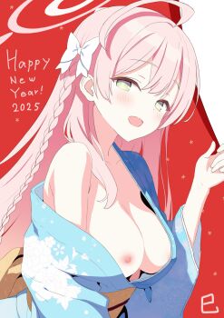 Rule 34 | 1girl, 2025, absurdres, ahoge, blue archive, blue eyes, blush, bow, braid, breasts, commentary request, double-parted bangs, floral print, floral print kimono, from side, green eyes, hair bow, halo, hanako (blue archive), hand up, happy new year, highres, japanese clothes, kimono, large breasts, long sleeves, looking at viewer, looking to the side, new year, nipples, no bra, open mouth, pink hair, pink halo, print kimono, shinomi (pixiv45311197), single off shoulder, smile, solo, turning head, upper body, white bow, wide sleeves