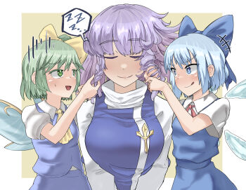 3girls :q ascot blue_bow blue_dress blue_hair blue_skirt blue_vest blush border bow braiding_another&#039;s_hair breasts cirno commentary daiyousei detached_wings dress fairy fairy_wings grabbing_another&#039;s_hair green_hair hair_bow highres holding_another&#039;s_hair ice ice_wings large_breasts letty_whiterock long_sleeves looking_at_another multiple_girls multiple_wings one_side_up purple_hair shirt short_hair short_sleeves simple_background skirt sleeping smile spoken_zzz sweatdrop tongue tongue_out touhou upper_body vest white_border white_shirt wings yellow_ascot yellow_background yellow_bow yet_you zzz