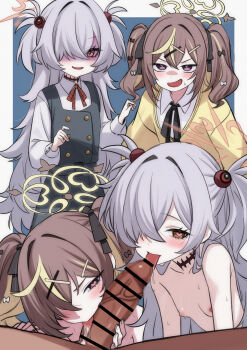 1boy 2girls absurdres bar_censor bare_shoulders black_bow black_dress black_ribbon blonde_streaks blue_archive blush border bow breasts brown_eyes brown_hair brown_halo cardigan censored collarbone collared_shirt cooperative_fellatio dress erection fellatio ffm_threesome fingernails grey_hair group_sex hair_between_eyes hair_bow hair_intakes hair_ornament hair_over_one_eye hair_over_shoulder half-closed_eyes halo hands_up heart heart-shaped_pupils highres huge_filesize kanoe_(blue_archive) licking licking_penis light_blush loli long_hair long_sleeves looking_at_viewer mosaic_censoring multicolored_hair multiple_girls neck_ribbon nipples nude one_eye_covered open_mouth oral outside_border partially_shaded_face penis pinafore_dress purple_eyes red_ribbon rena_(blue_archive) ribbon saliva saliva_trail scar scar_on_neck senapops shaded_face shirt sleeve_cuffs sleeveless sleeveless_dress small_breasts smile streaked_hair sweatdrop symbol-shaped_pupils teamwork_(sexual) threesome tongue tongue_out twintails two_side_up veins veiny_penis very_long_hair white_border white_shirt x_hair_ornament yellow_cardigan yellow_halo