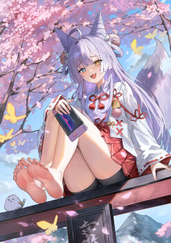 1girl absurdres ahoge barefoot bike_shorts blue_eyes blush collared_shirt commentary cone_hair_bun controller cost_(kftf4582) day double_bun ema fang feet game_controller hair_bun heterochromia highres holding holding_controller holding_game_controller looking_at_viewer outdoors pleated_skirt pom_pom_(clothes) red_skirt shirt skirt soles solo stellive tenko_shibuki toes virtual_youtuber white_shirt yellow_eyes