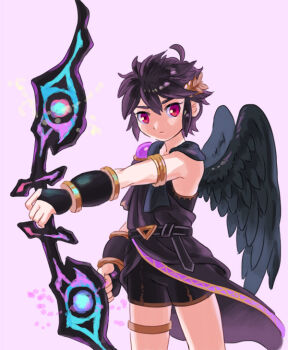1boy ahoge alternate_color androgynous angel_wings armlet belt black_belt black_wings bracer closed_mouth commentary_request dark_pit darkness_bow_(kid_icarus) feathered_wings fingerless_gloves gloves gold_armlet gold_trim holding holding_weapon jewelry kid_icarus kid_icarus_uprising laurel_crown male_focus nintendo nopepe official_alternate_color purple_background purple_trim red_eyes revision sidelocks solo spiked_hair super_smash_bros. thighlet weapon wings