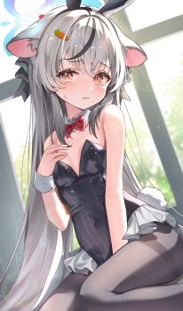 1girl absurdres alternate_costume animal_ear_fluff animal_ears bare_shoulders between_legs black_hair black_leotard black_pantyhose blue_archive blue_halo blush bow bowtie breasts carrot_hair_ornament cat_ears cat_girl commentary covered_navel detached_collar dutch_angle fake_animal_ears fake_tail feet_out_of_frame food-themed_hair_ornament frilled_leotard frills grey_hair hair_ornament halo hand_between_legs hand_on_own_chest highres indoors kokona_(blue_archive) leotard loli long_hair looking_at_viewer mojo_(mojoawa) multicolored_hair orange_eyes pantyhose parted_lips pinstripe_pattern playboy_bunny rabbit_ears rabbit_tail red_bow red_bowtie sitting small_breasts solo strapless strapless_leotard streaked_hair striped_clothes striped_leotard tail thighband_pantyhose two-tone_hair vertical-striped_clothes vertical-striped_leotard very_long_hair white_wrist_cuffs window wrist_cuffs yokozuwari