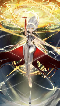 Rule 34 | 1girl, absurdres, andoff, arm up, asmoday (genshin impact), bare shoulders, black fur, blonde hair, breasts, cleavage, collarbone, colored skin, commentary request, corruption, floating, floating hair, formal clothes, full body, fur trim, genshin impact, glowing, hair between eyes, hair floating upwards, hexagram, highres, holding, holding polearm, holding weapon, knee up, large breasts, looking at viewer, multicolored skin, orange eyes, polearm, powering up, shade, sky, solo, space, star (sky), star (symbol), star of david, starry sky, suit, thick thighs, thigh gap, thighs, two-tone skin, wavy hair, weapon, wide hips