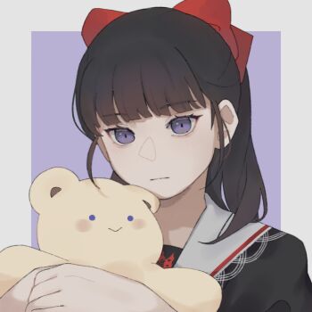 1girl black_hair black_shirt blue_eyes blunt_bangs bow closed_mouth commentary_request expressionless hair_bow haruyan0119 highres holding holding_stuffed_toy medium_hair phantom_siita ponytail red_bow rinka_(phantom_siita) sailor_collar shirt solo stuffed_animal stuffed_toy teddy_bear white_sailor_collar